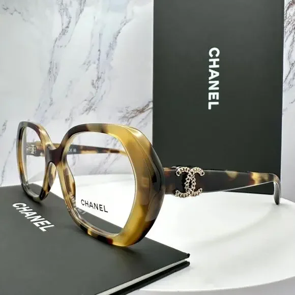 New CHANEL Eyeglasses Brown Gold Chain CC Square Acetate Womens - Picture 11 of 16